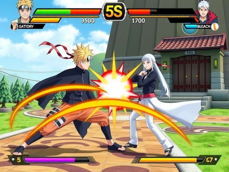 Screenshot of Naruto vs Bleach unblocked game showing Ichigo fighting Naruto in a detailed arena