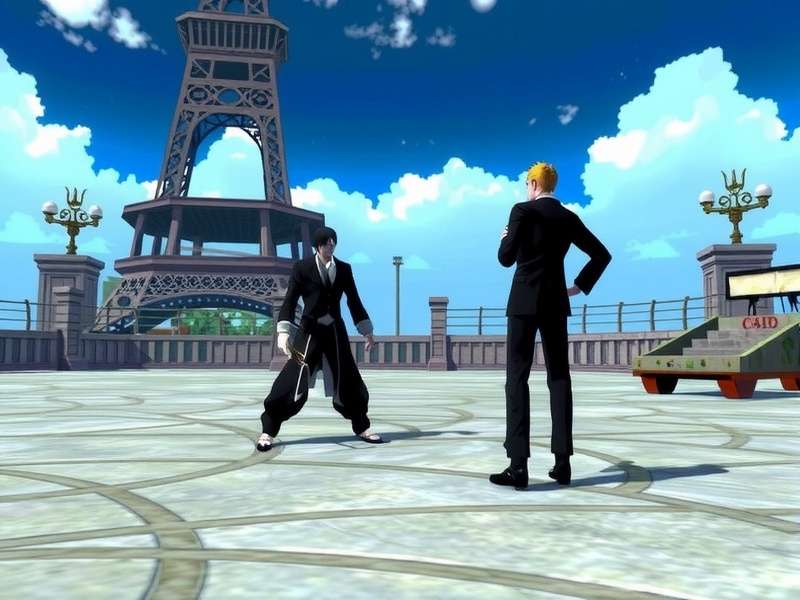 Gameplay screenshot of Bleach: Blade Battlers on PlayStation 2 showing chibi-style Ichigo and Rukia fighting