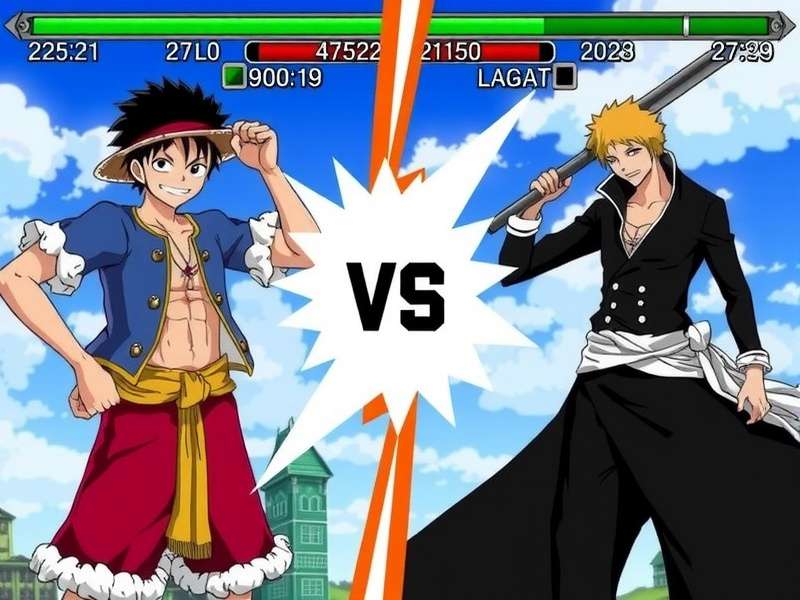 One Piece characters Luffy and Zoro fighting Bleach characters Ichigo and Rukia